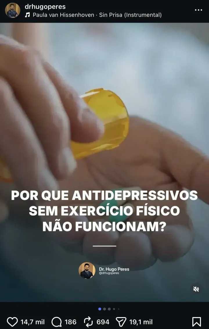 Post do Dr. Hugo Peres sobre antidepressivos e exercício físico
