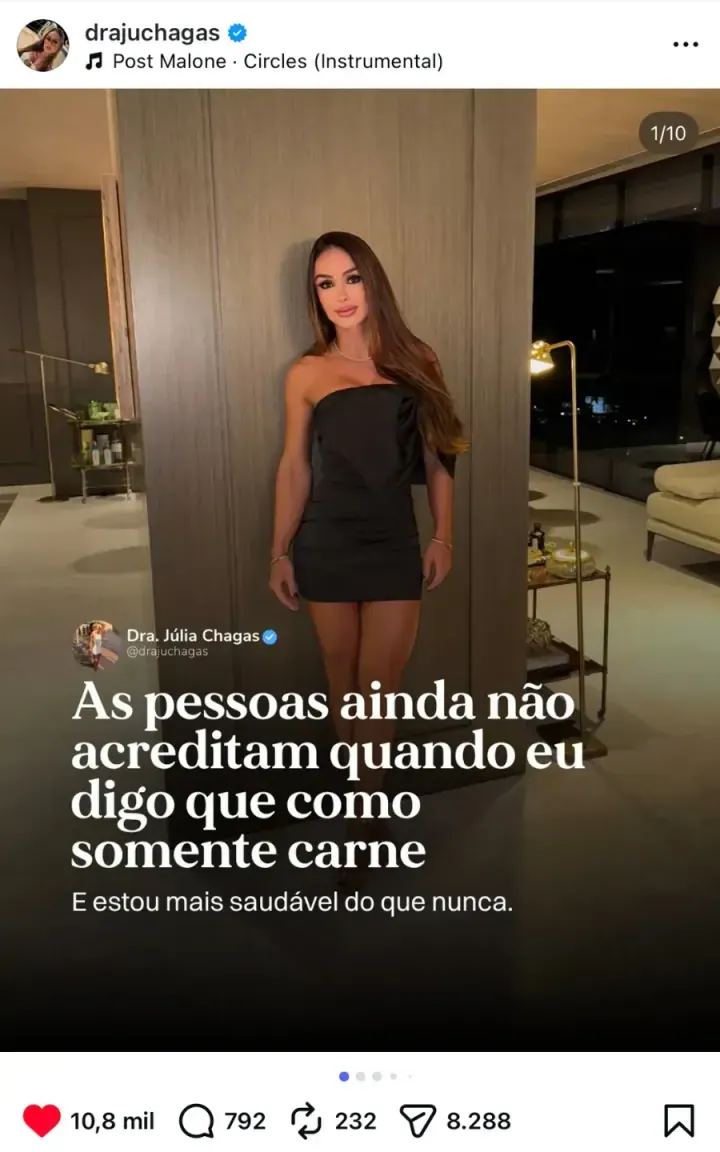 Post da Dra. Júlia Chagas sobre alimentação só com carne
